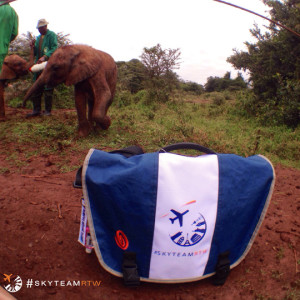a bag with a blue and white stripe on it next to a man and a elephant
