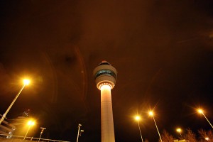 a tall tower at night