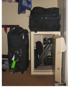 a safe with luggage and camera