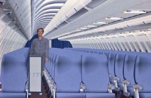 a woman standing in an airplane