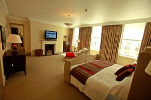 a bedroom with a fireplace and a bed