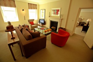a living room with a fireplace and couches