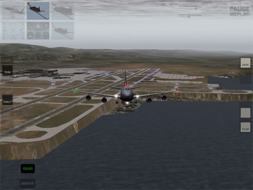 a video game of a plane flying over a runway