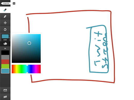 a white board with a picture and a square with a blue and red border