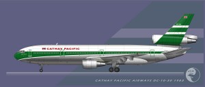 a white airplane with green stripes