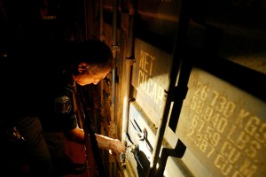 a man looking at a door