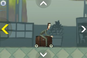a cartoon character riding a suitcase