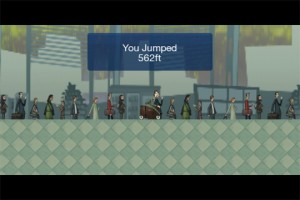 a video game screen with people walking