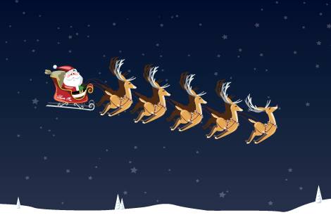 a cartoon of santa claus flying in a sleigh with reindeers