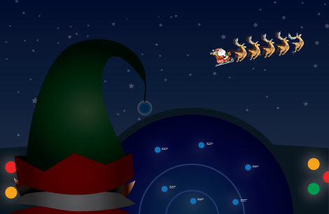 a cartoon of a santa claus flying in the sky