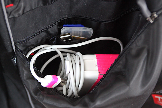 a bag with a white and pink object in it