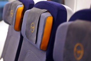 a row of seats with a logo on them