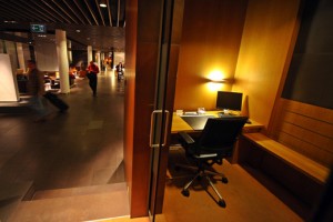 a room with a desk and chair