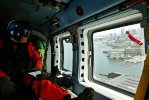 a man in a helicopter