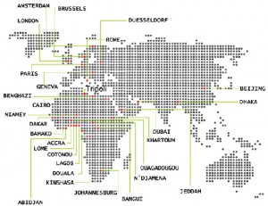 a map of the world with cities