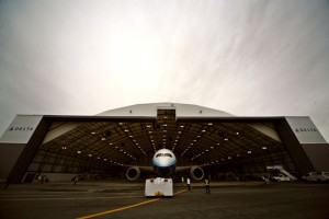 a plane in a hangar