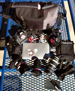a bag and camera on a table